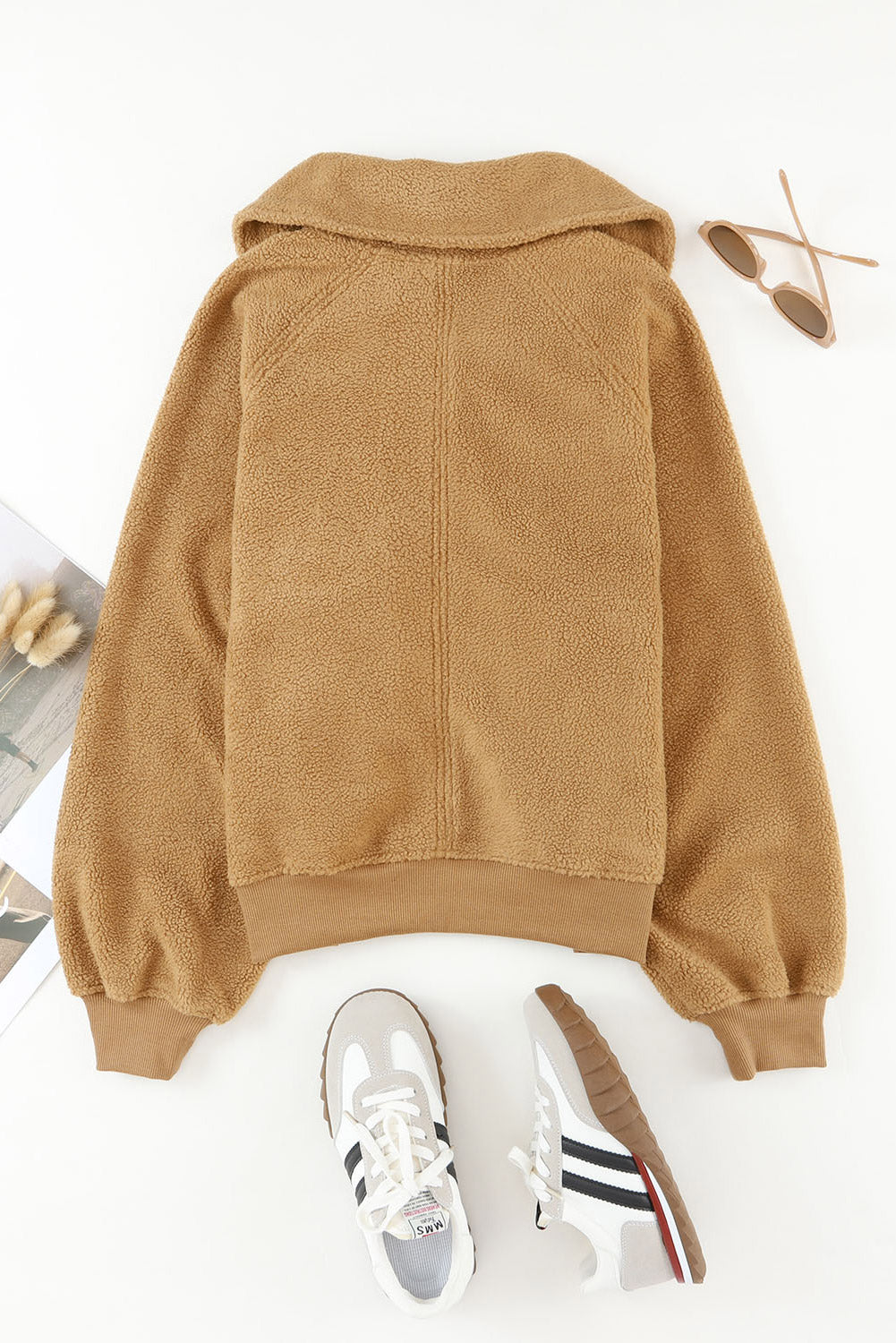 Women's Button-Down Jacket - Textured Fabric - Wide Collar - Ribbed Cuffs & Hem
