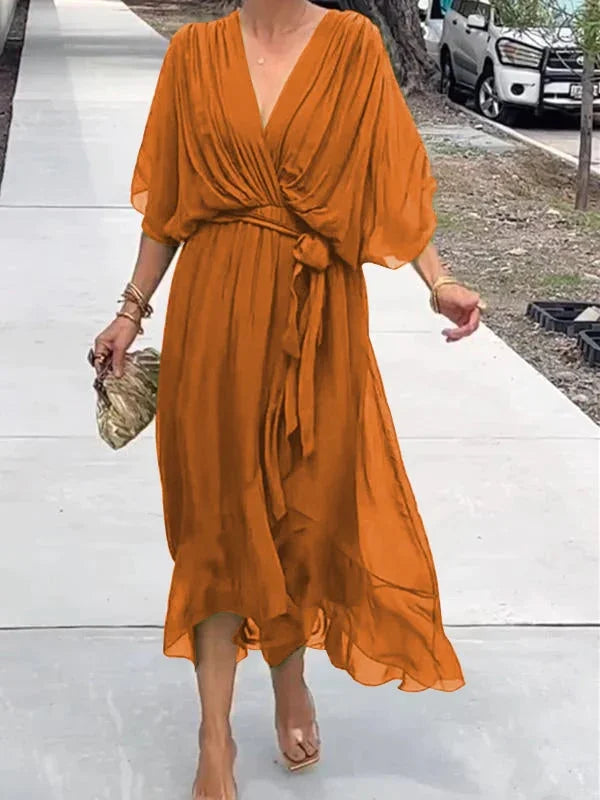 Women's Maxi Dress - Flowing Relaxed Fit - Kimono Sleeves - Adjustable Waist Tie