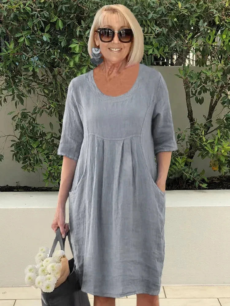 Women’s Midi Dress – Natural Fibers – Relaxed Fit – Scoop Neck – Elbow Sleeve – Pockets