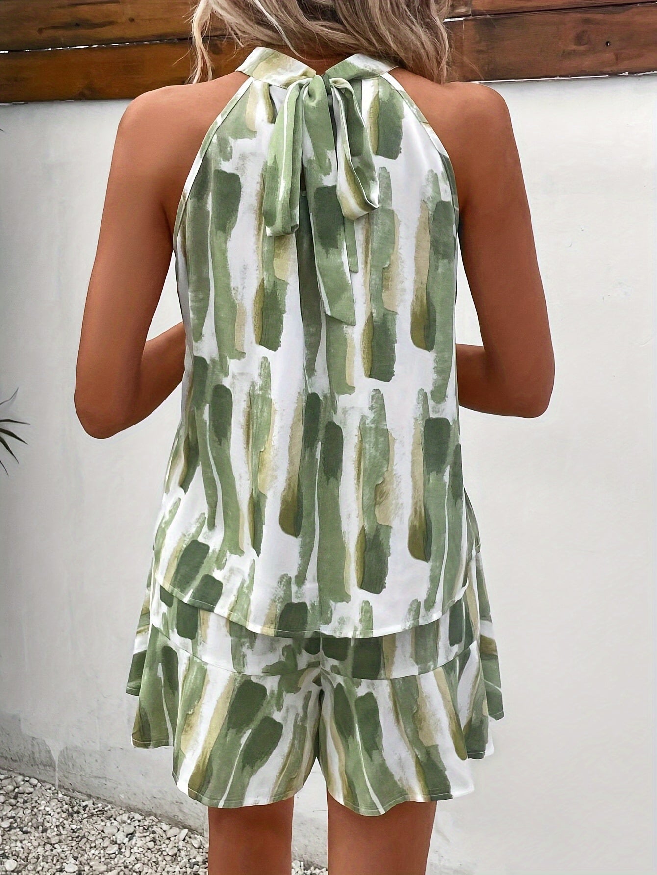 Women's Halter Neck Romper - Sleeveless Tie-Back - Flowy Layered Shorts