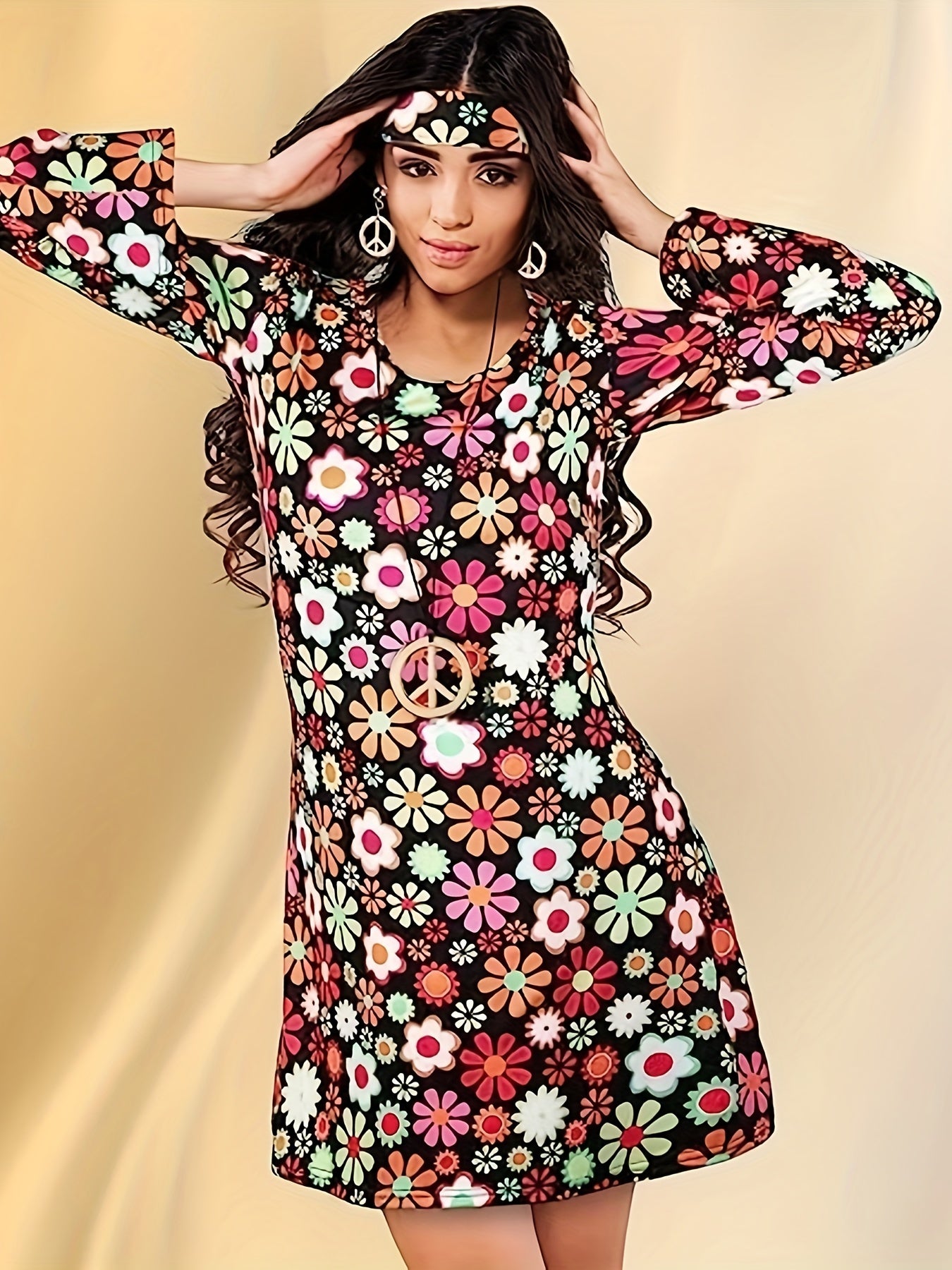 Retro floral print bell-sleeve midi headscarf dress for women