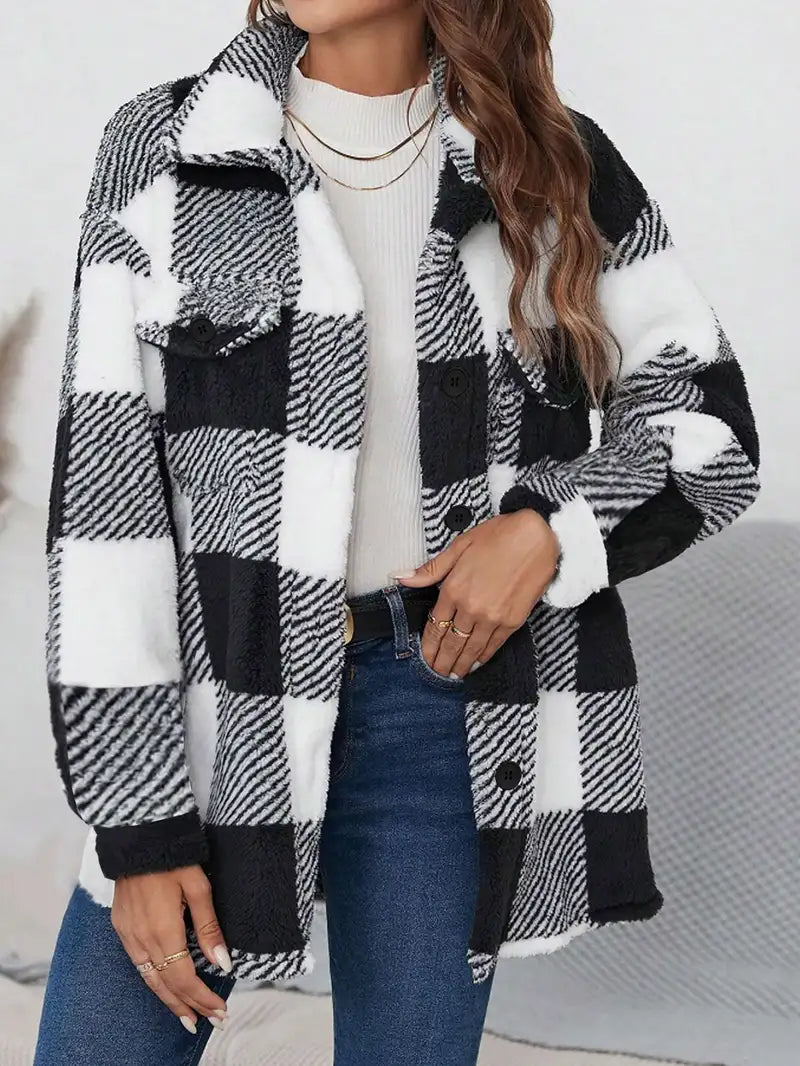 Women's plaid lapel long plush jacket coat