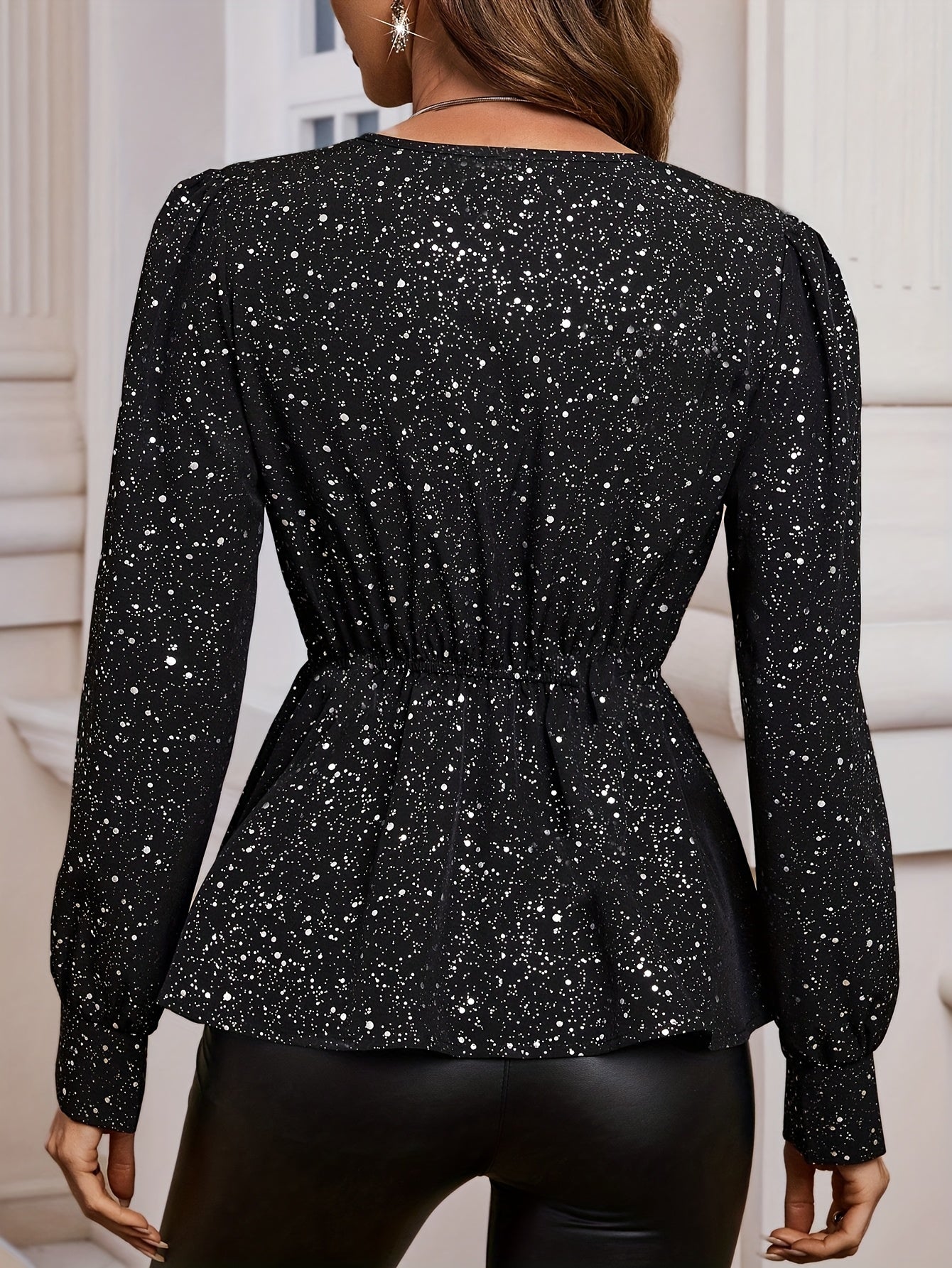 V-neck long-sleeved asymmetrical hem peplum top for women