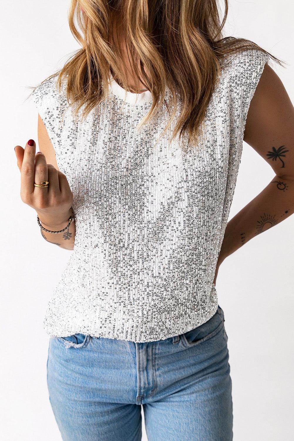 Women's sequin capped sleeve tank top