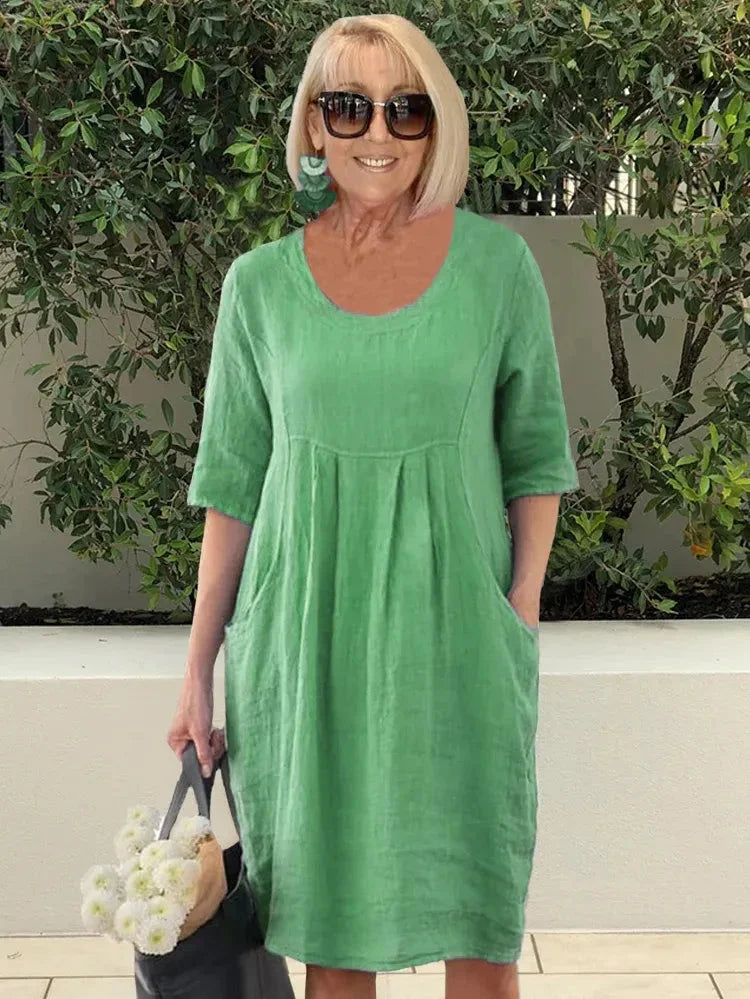 Women’s Midi Dress – Natural Fibers – Relaxed Fit – Scoop Neck – Elbow Sleeve – Pockets