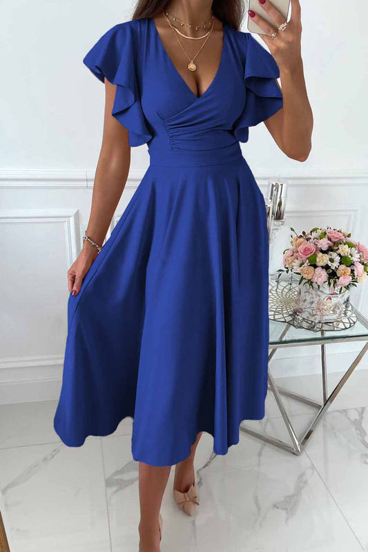Ruffle Sleeve Fitted A-Line Midi Dress
