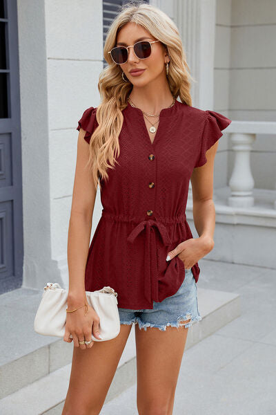Eyelet Ruffle Sleeve Tie Waist Top