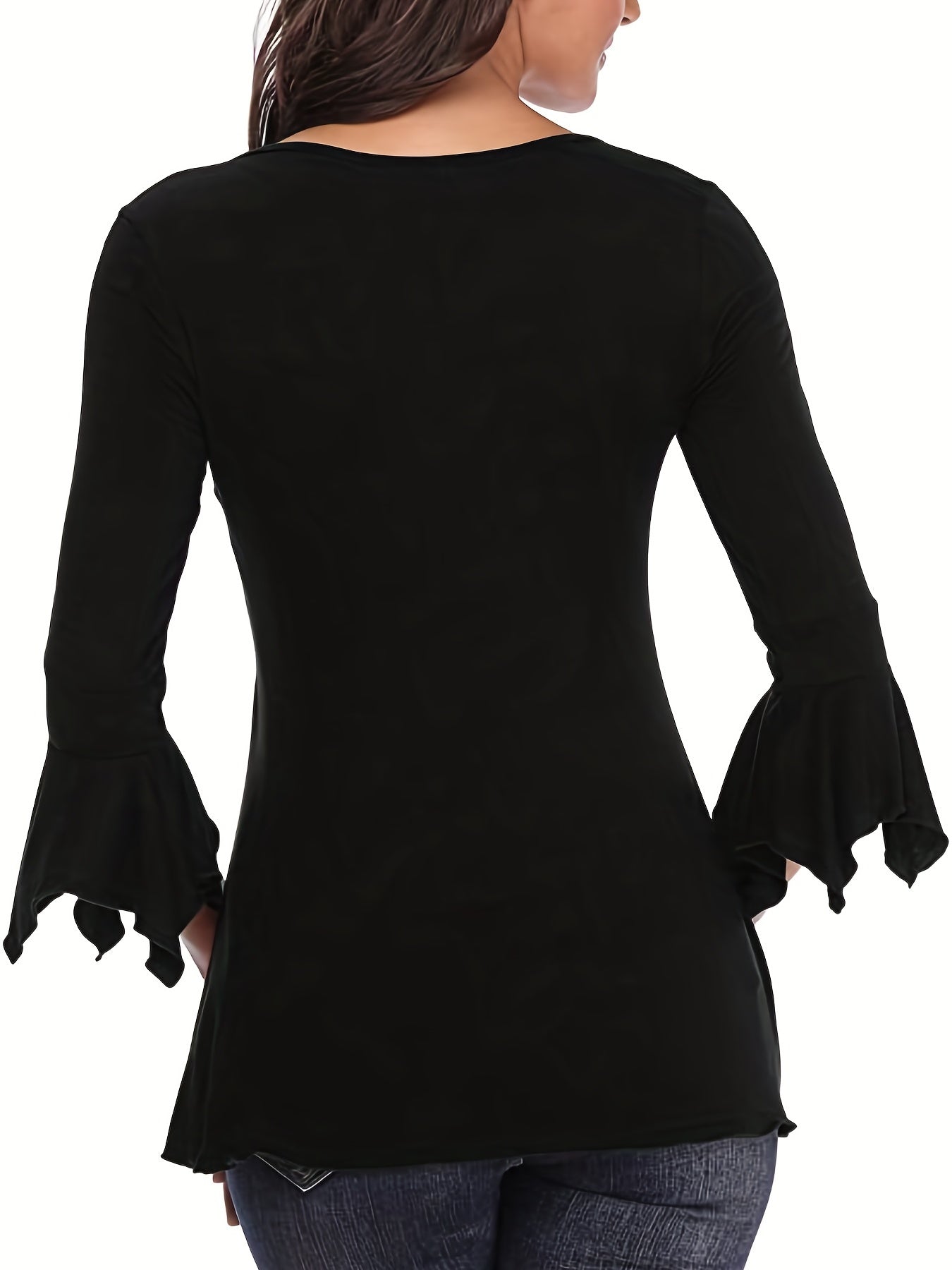 Pleated V-Slit Neckline Flare Sleeve Blouse