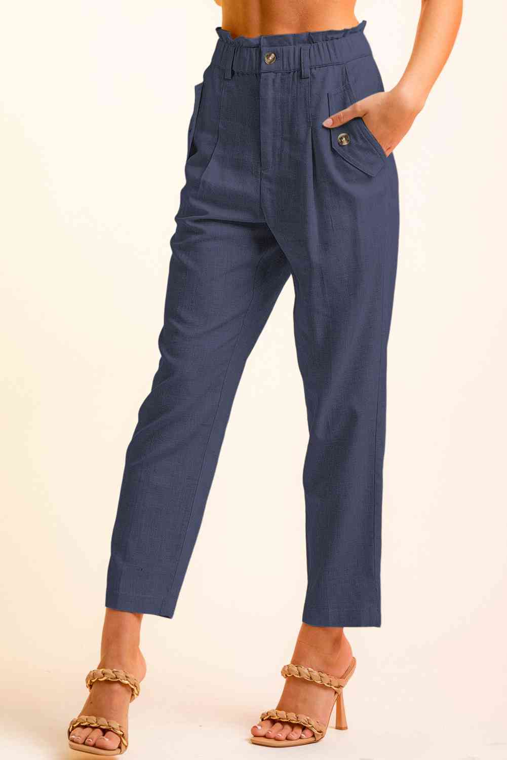 Women’s Cropped Pants – High Waist Paperbag Style – Button Detail – Tapered Fit Casual Wear