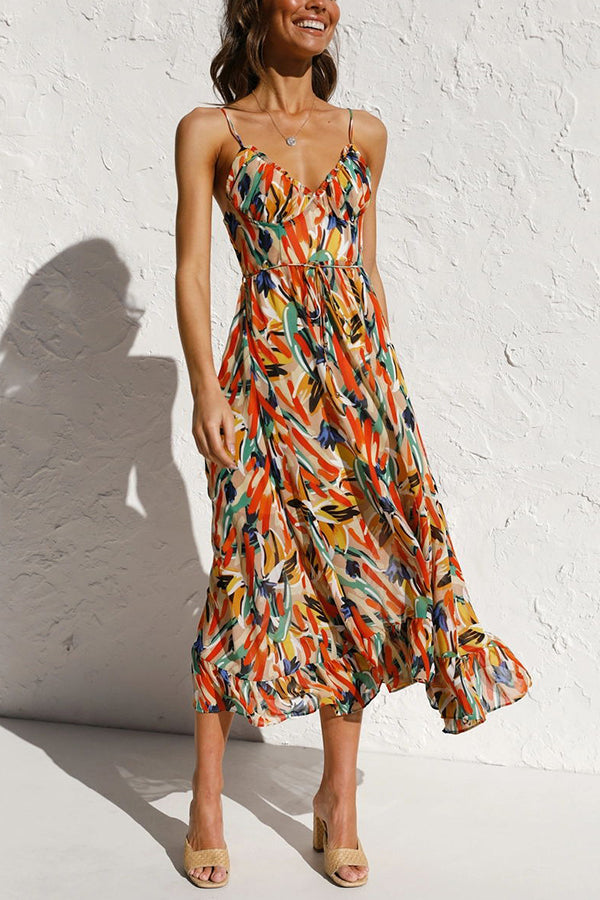 Women's Maxi Dress - Abstract Print - Plunging V-Neck - Spaghetti Straps - Flowing Fit