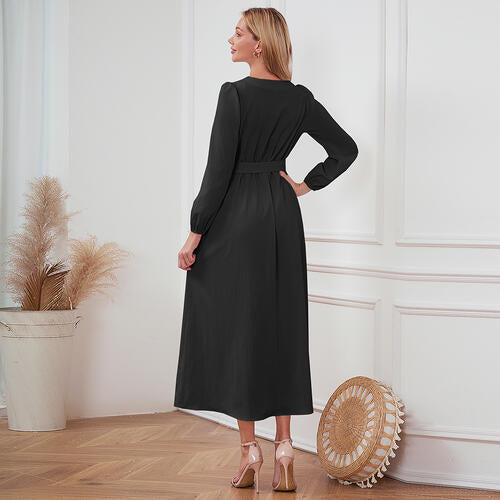 Women's Maxi Dress - V-Neck Button Front - Long Sleeve Tie Waist Flowy Fit