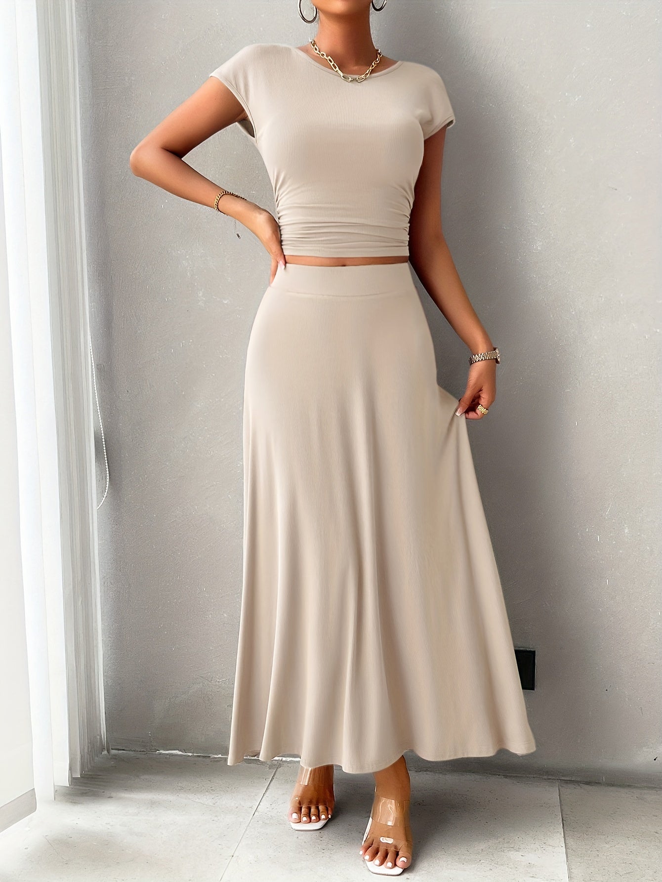 Women's A-Line Dress - Ribbed Knit - Fitted Bodice - Cap Sleeve Elegant Style
