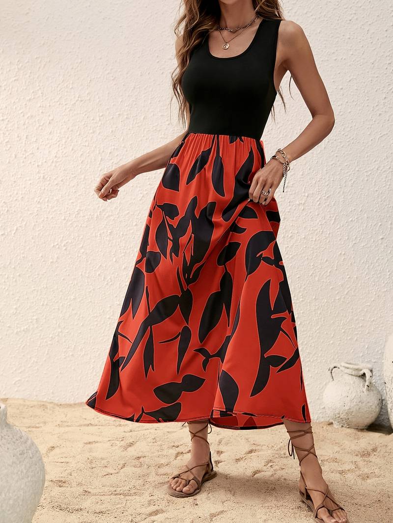 Women's Sleeveless Maxi Dress - Fitted Top - Flowy Botanical Print Skirt - Lightweight
