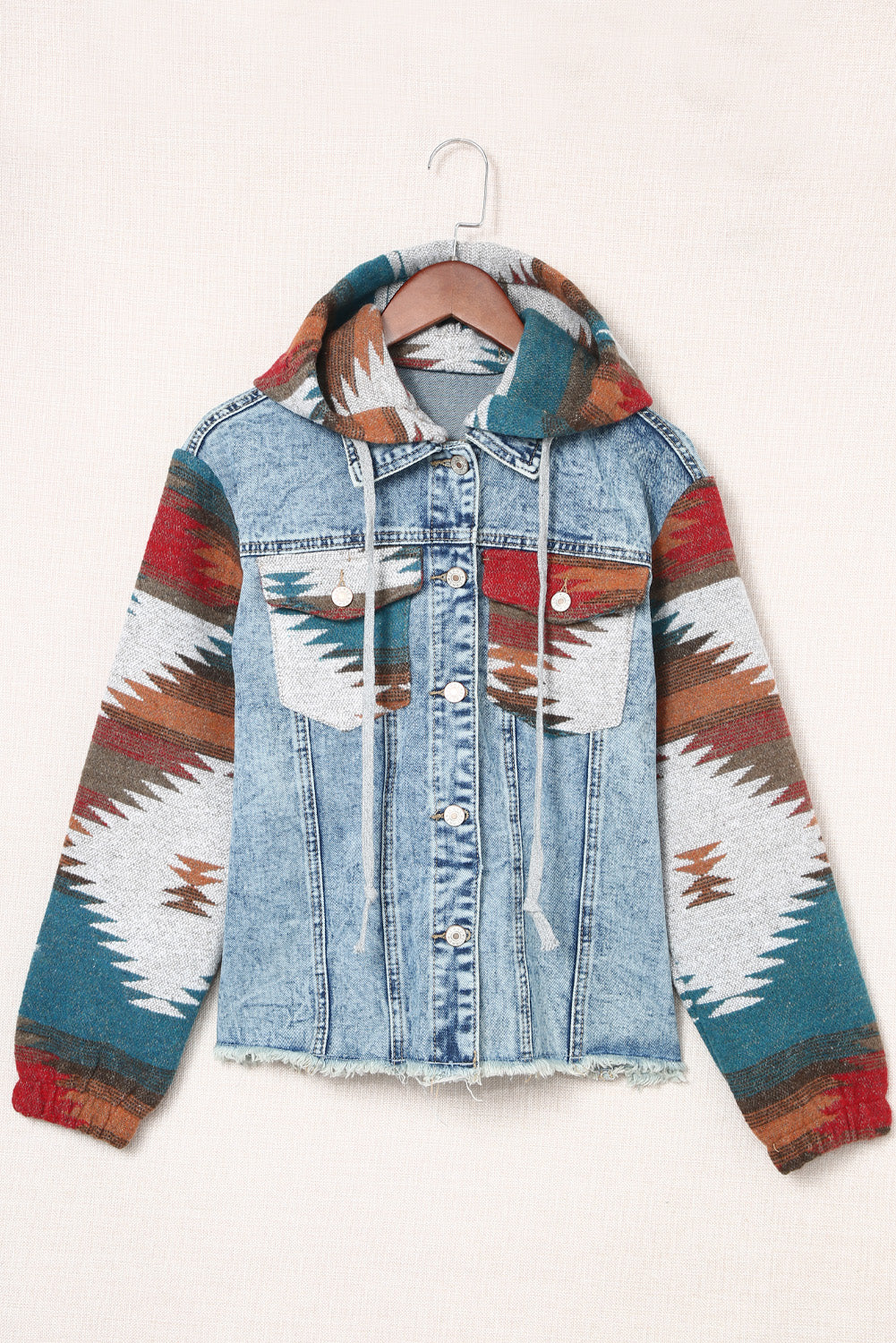 Elegant denim patchwork jacket with button-down design for women