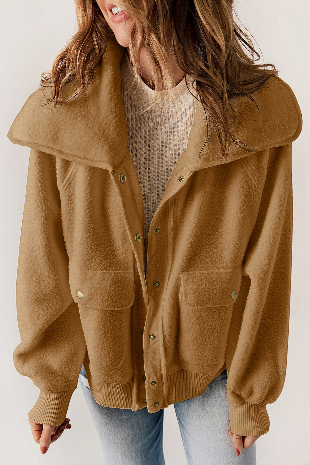 Women's Button-Down Jacket - Textured Fabric - Wide Collar - Ribbed Cuffs & Hem