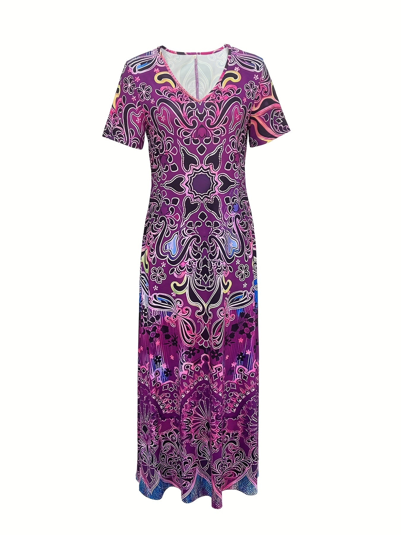 Women's Maxi Dress - V-Neck - Short Sleeve - Bohemian Print - Relaxed Fit