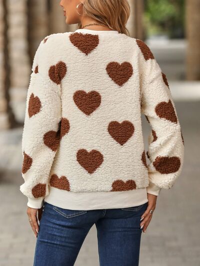 Women's Fuzzy Sweater - Oversized Sherpa - Heart Pattern - Cozy Crew Neck