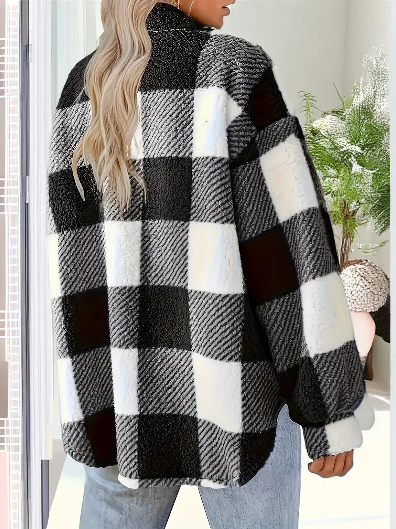 Women’s warm plaid lapel button plush jacket