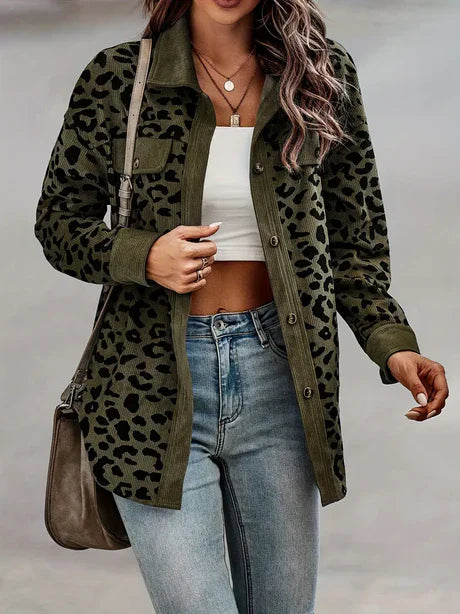 Women’s Shacket – Relaxed Fit Corduroy – Button-Up Long Sleeve – Animal Print