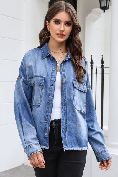Juliette - raw hem pocketed collared neck denim jacket