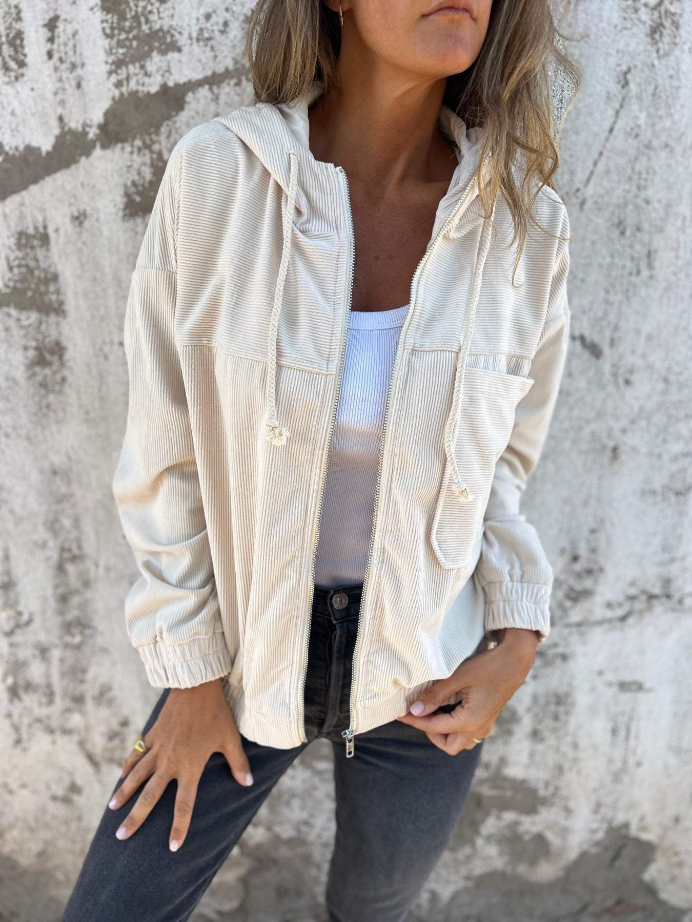 Women's Cozy Jacket - Hooded Zip-Up - Adjustable Waist - Casual Wear