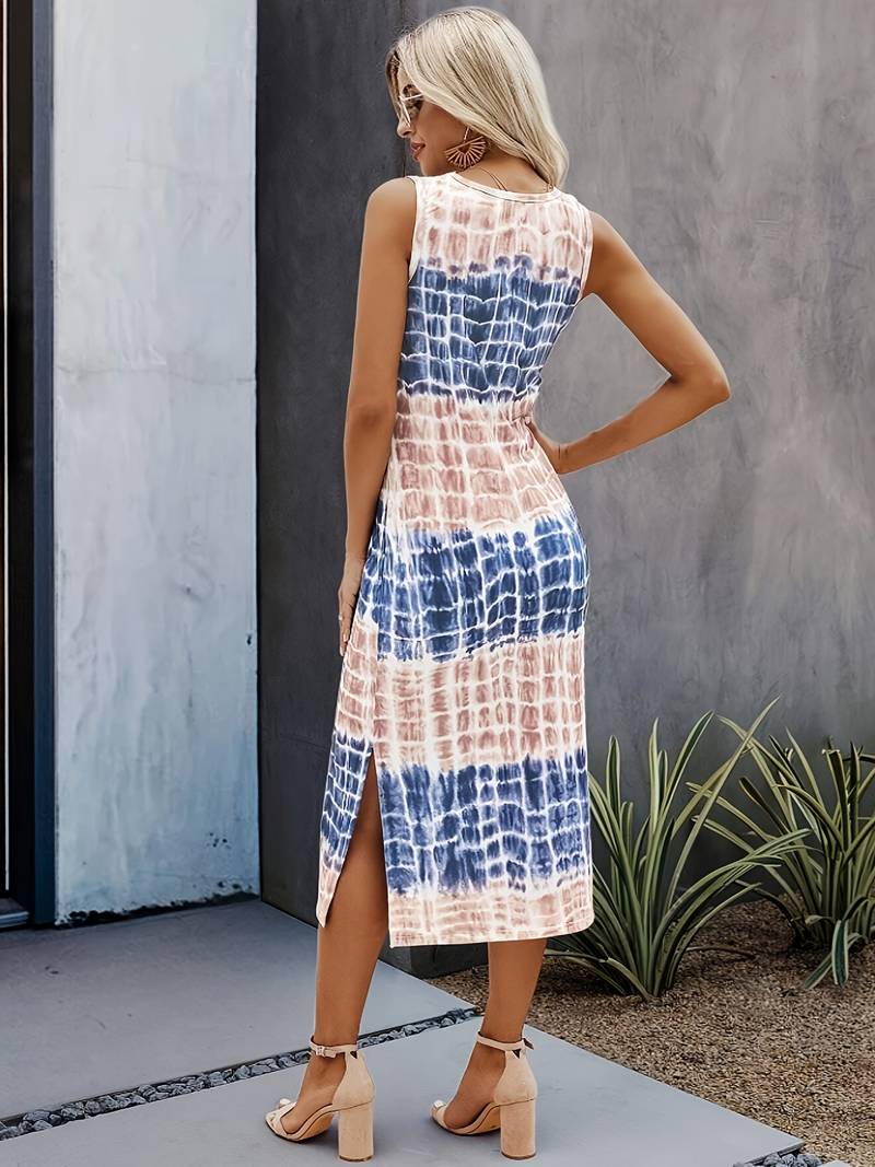 Women's Sleeveless Midi Dress - Tie-Dye Pattern - Relaxed Fit - Round Neck