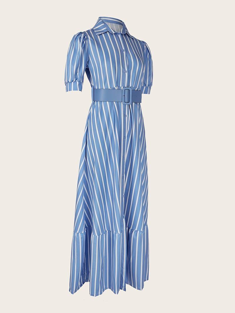 Women's Shirt Dress - Striped Pattern - Puff Sleeve - Button Down - Belted Waist