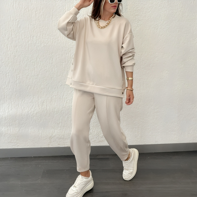 Women’s Sweater and Jogger Set - Knit Fabric - Relaxed Fit - Side Button Detail