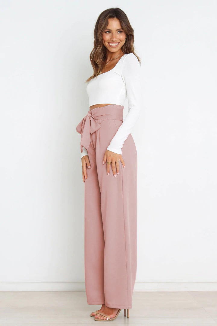 Women’s Wide-Leg Trousers – High Waist – Tailored Fit – Bow Waist Detail – Flowy Fabric
