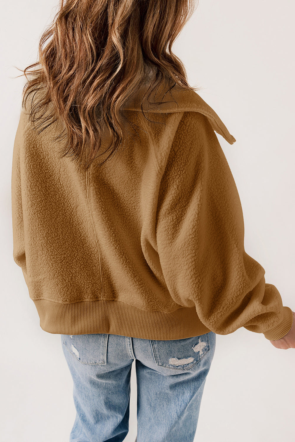 Women's Button-Down Jacket - Textured Fabric - Wide Collar - Ribbed Cuffs & Hem