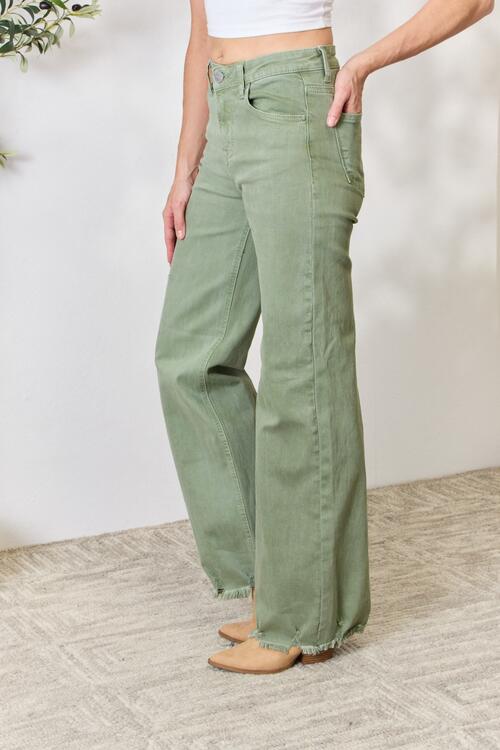 Loveie - high waist raw hem wide-leg jeans