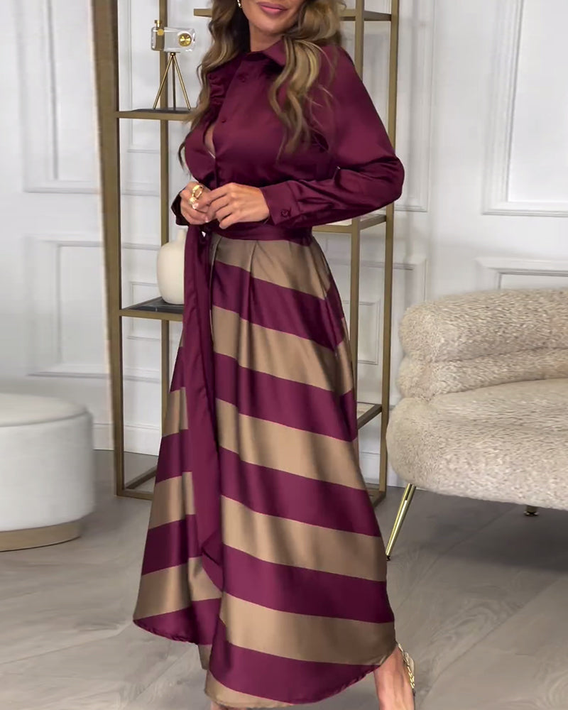 Belted Striped Flowing Button-Up Maxi Dress