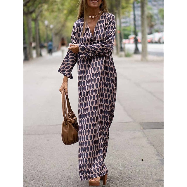 Women's Maxi Dress - V-Neck Long Sleeve - Flowing Loose Fit - Geometric Pattern