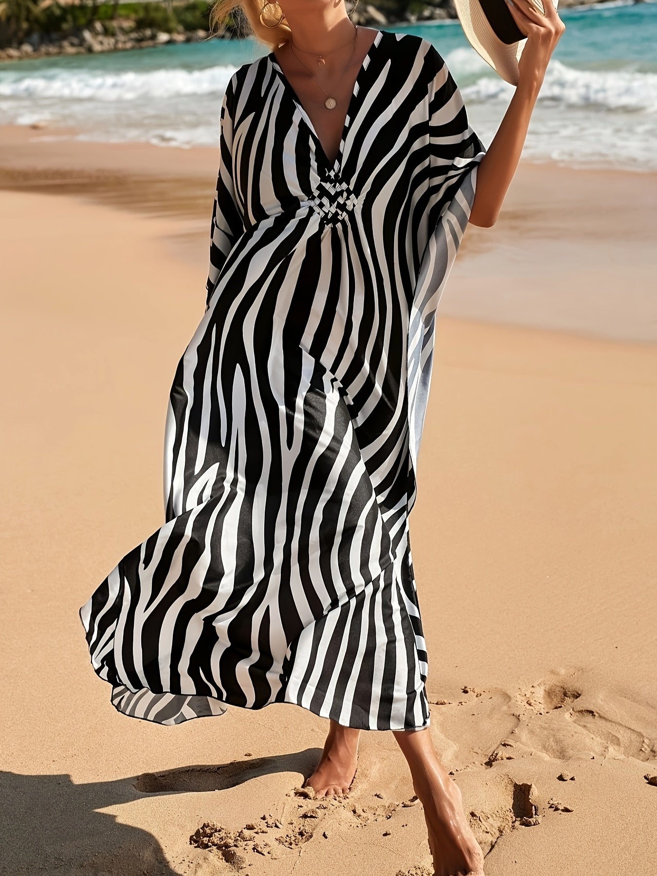 V-neck zebra print beach dress with flowy sleeves for women
