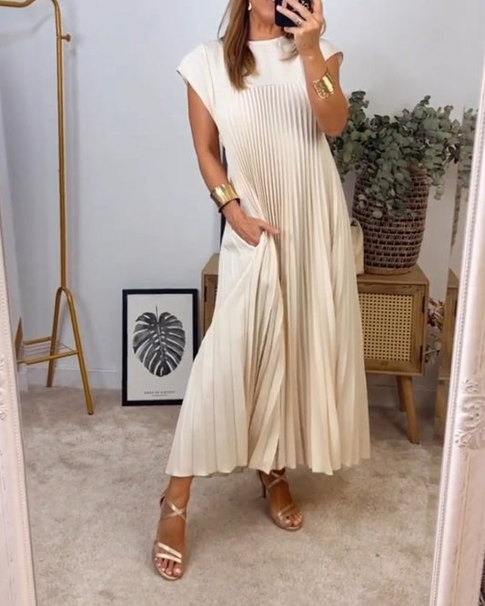Flowy Pleated Cap Sleeve Ankle Dress