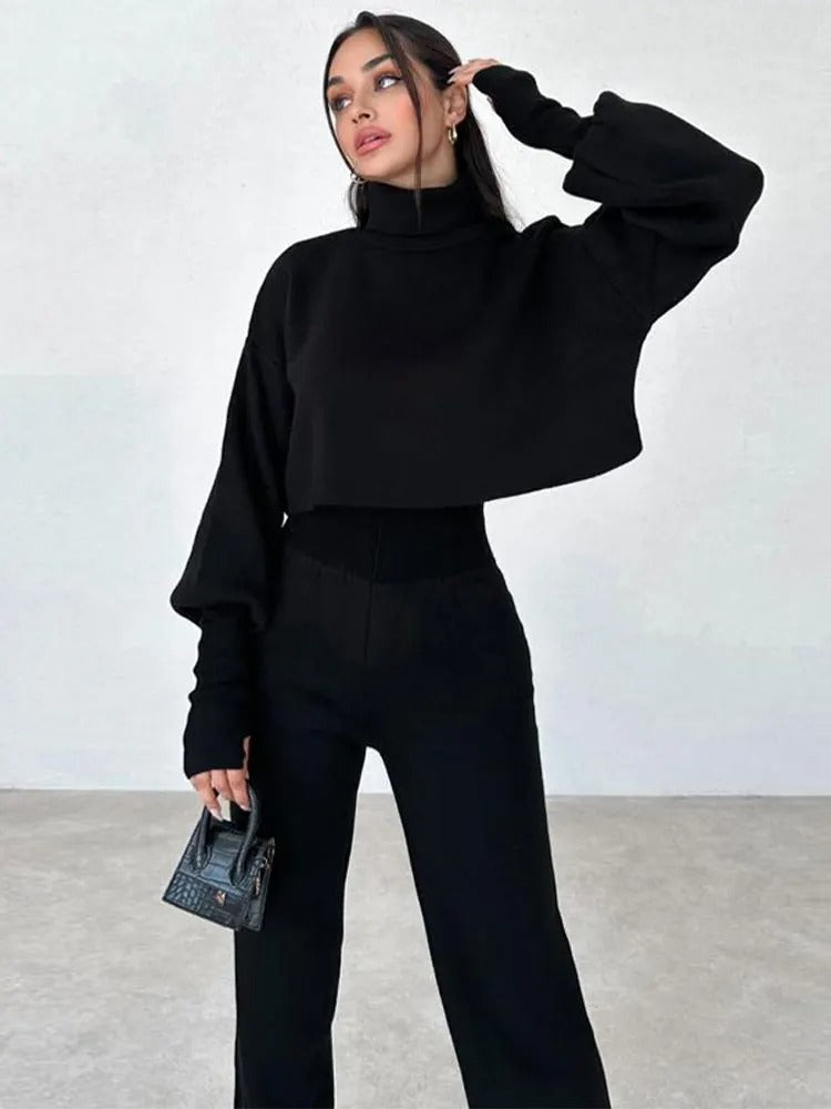 Women's high collar loose long-sleeved tops and pants set