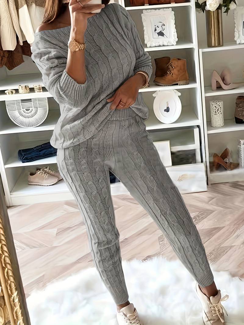 Women's Knit Sweater Set - Cable Knit - Oversized Off-Shoulder Sweater & Slim Pants