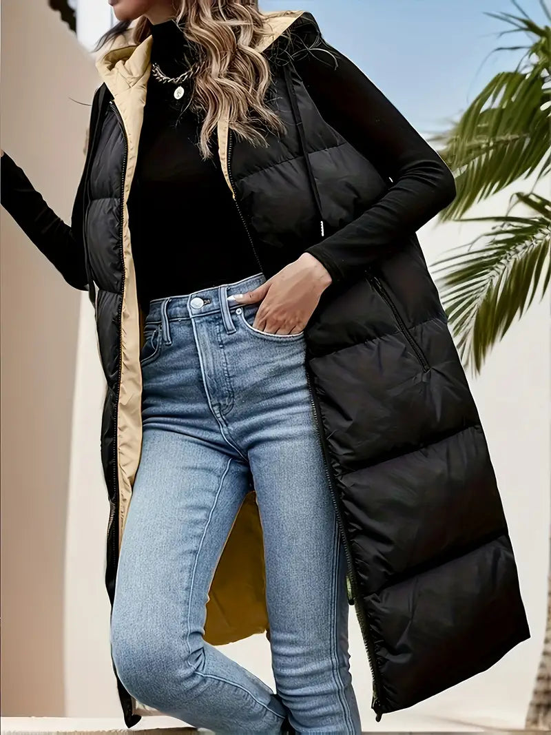 Women's zippered hooded jacket with drawstring and slant pockets