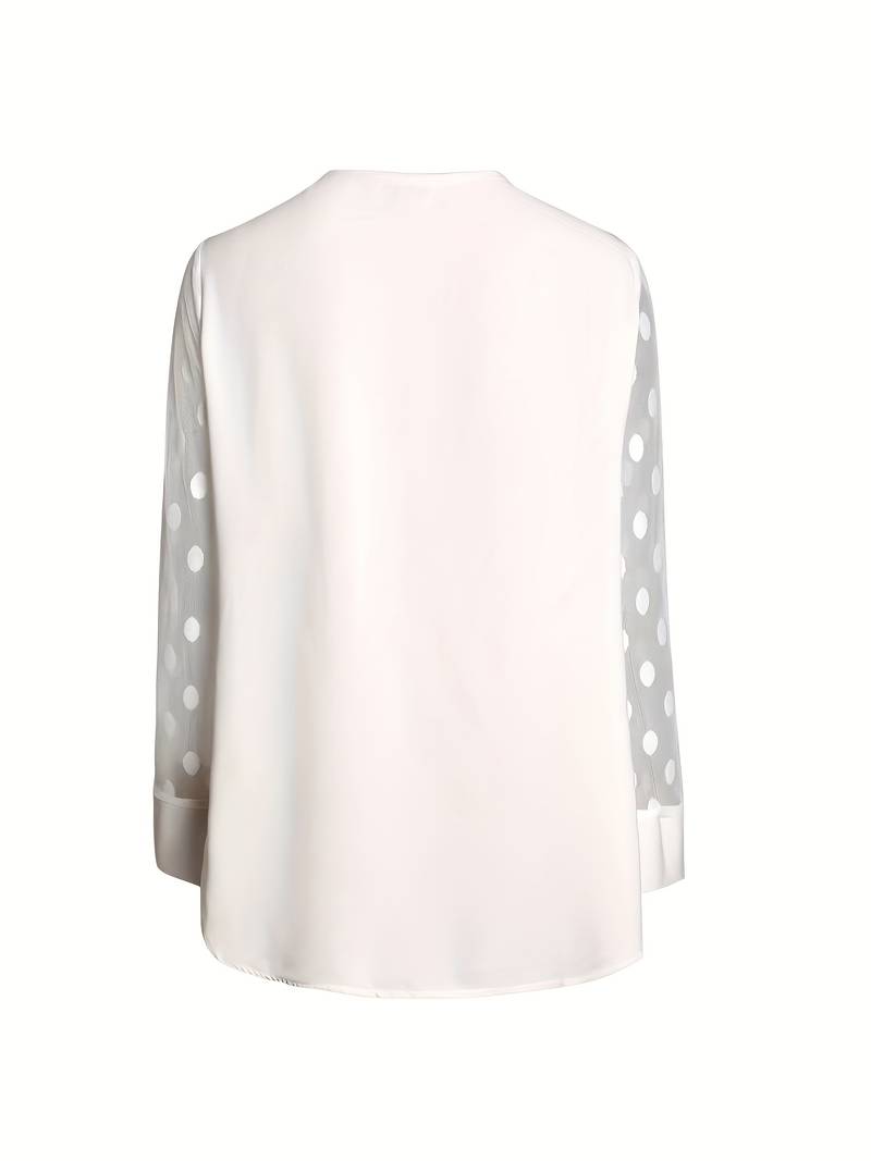 Women's Blouse - Sheer Polka Dot Sleeves - Round Neck - Relaxed Fit Stylish Wear
