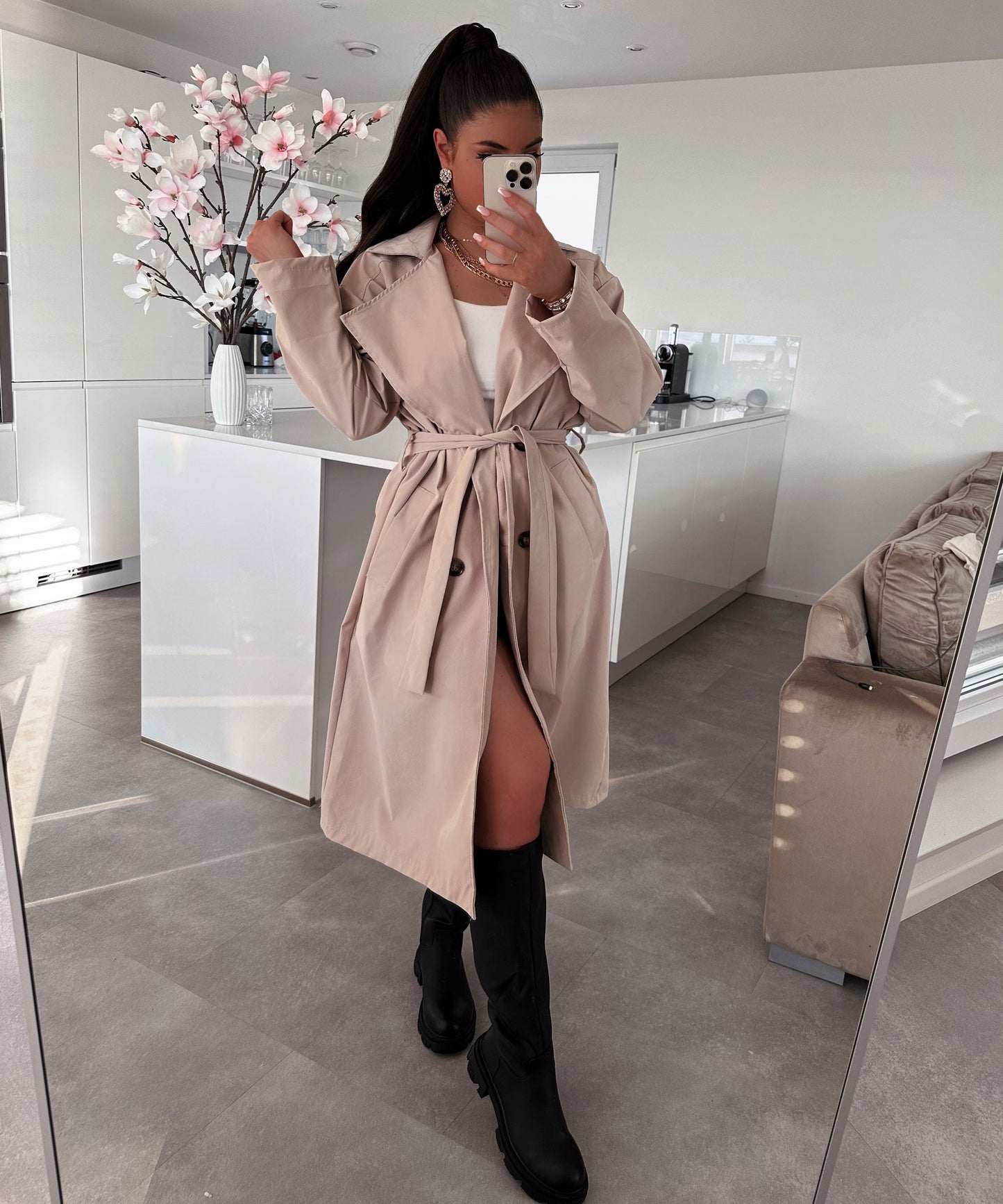 Women's casual belted lapel windbreaker jacket