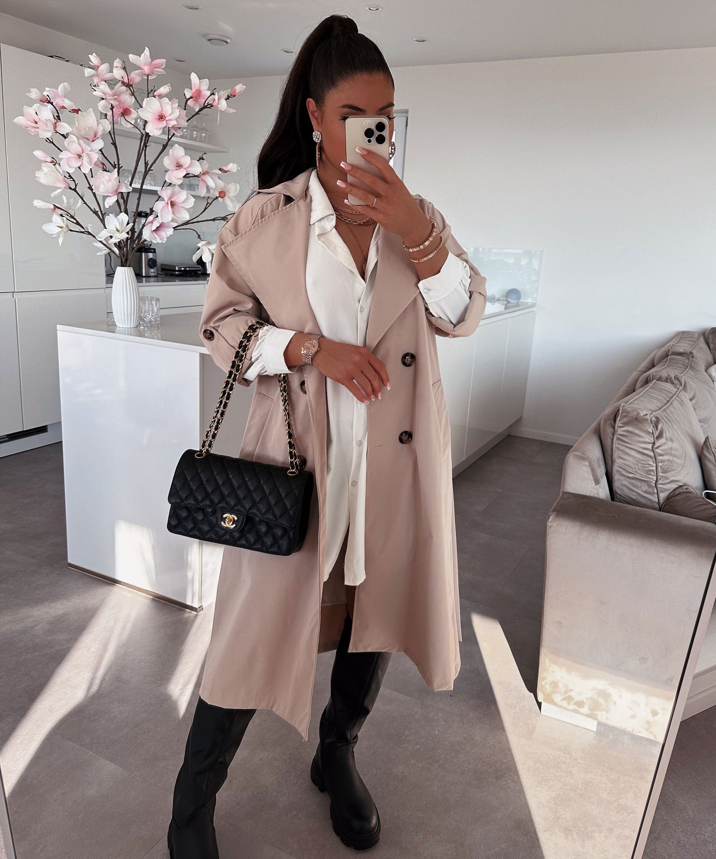 Women's casual belted lapel windbreaker jacket
