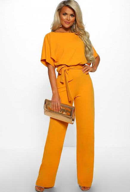 Women's Jumpsuit - Wide Leg Flowy Fit - Short Sleeve Boat Neck - Tie Waist Elegant Style
