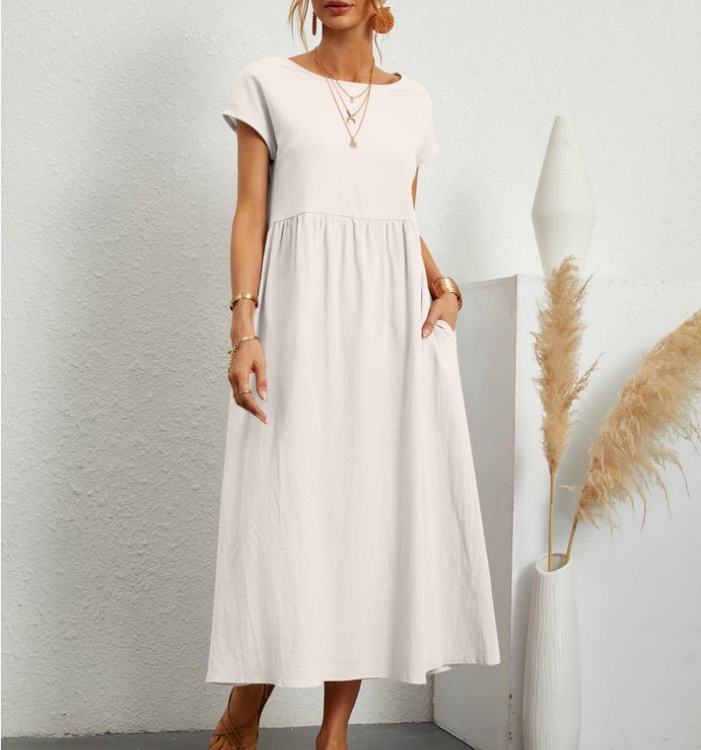 Short-sleeve loose-fit maxi dress with pockets for women