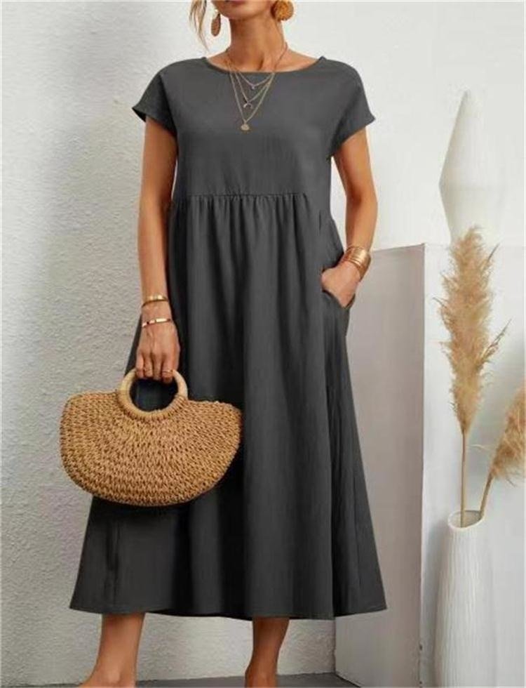 Short-sleeve loose-fit maxi dress with pockets for women