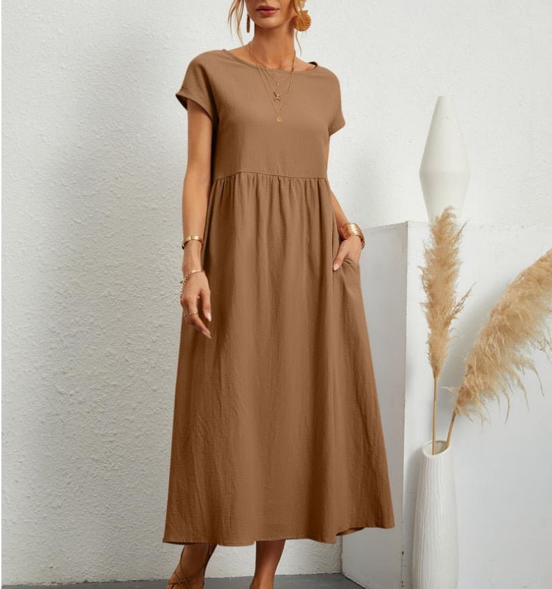 Short-sleeve loose-fit maxi dress with pockets for women