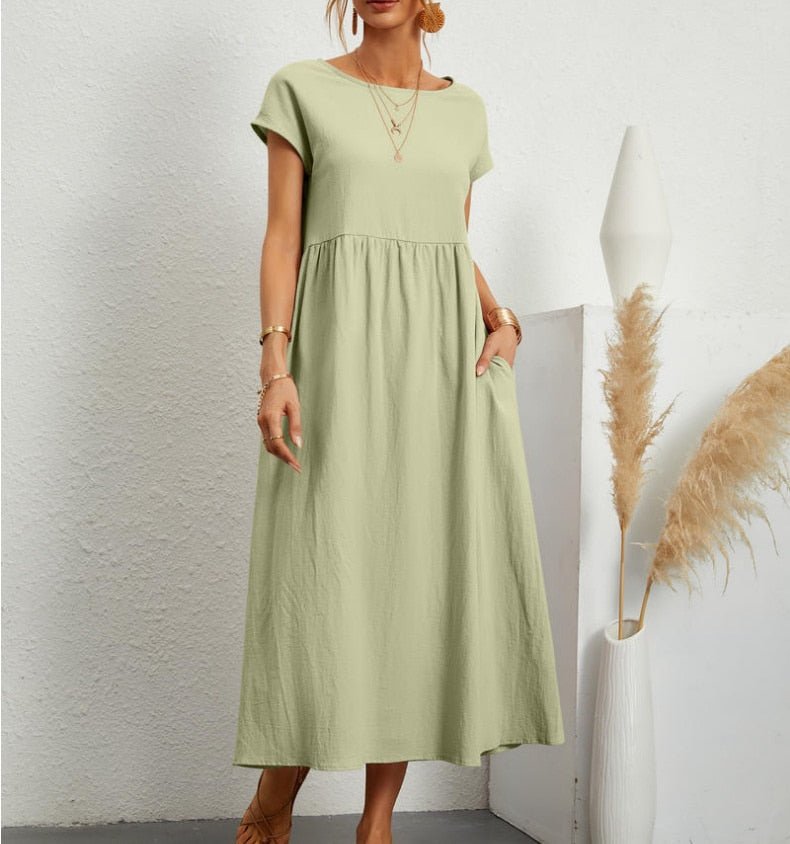 Short-sleeve loose-fit maxi dress with pockets for women