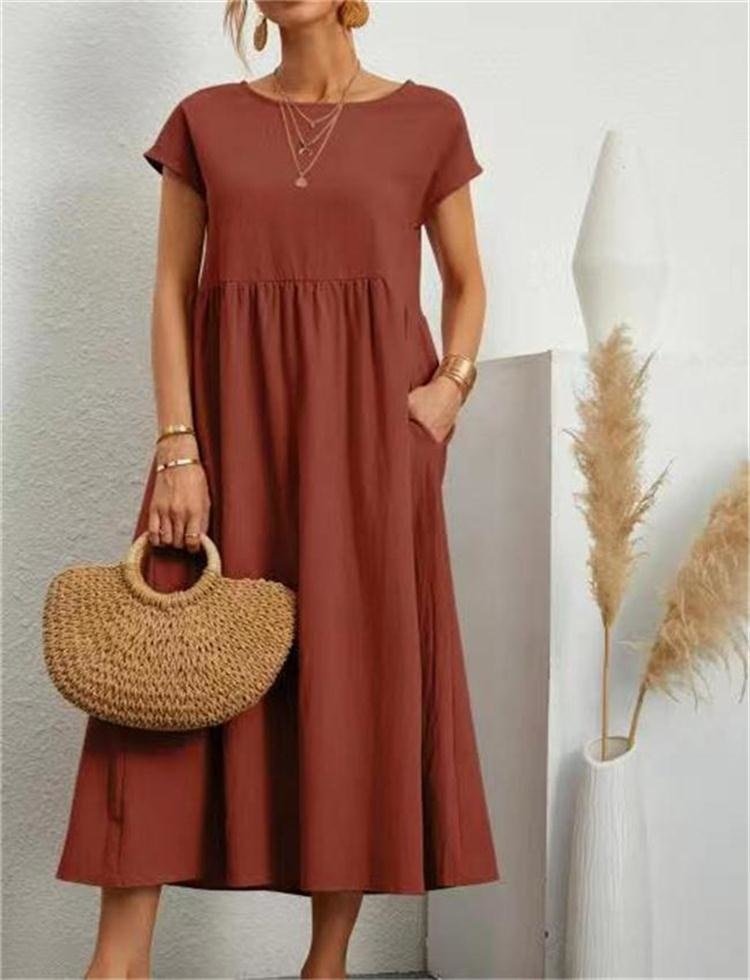 Short-sleeve loose-fit maxi dress with pockets for women
