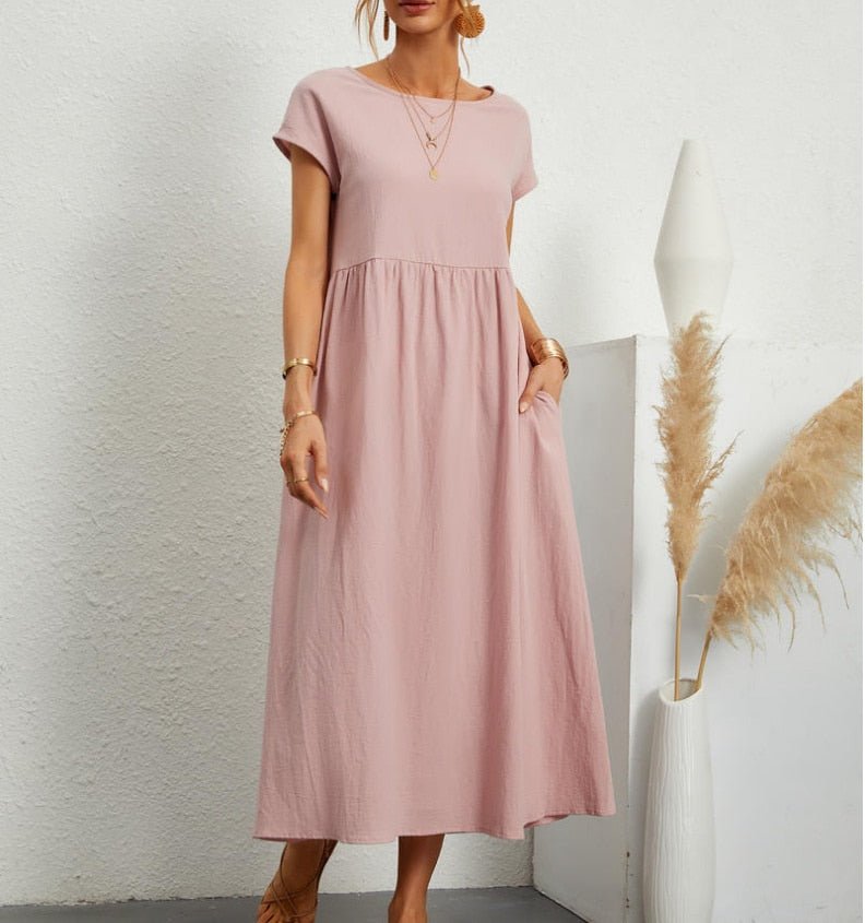 Short-sleeve loose-fit maxi dress with pockets for women