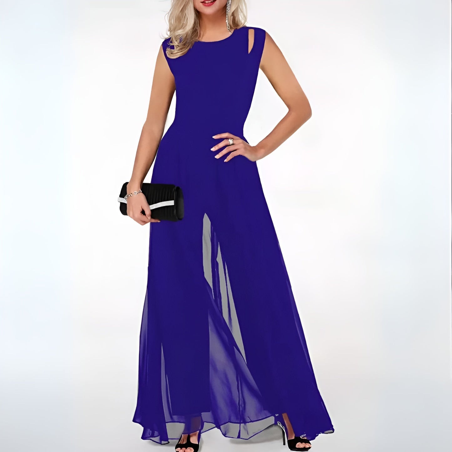 Women's Evening Gown - Sleeveless Cut-Out Shoulder - Floor-Length Flowing Design