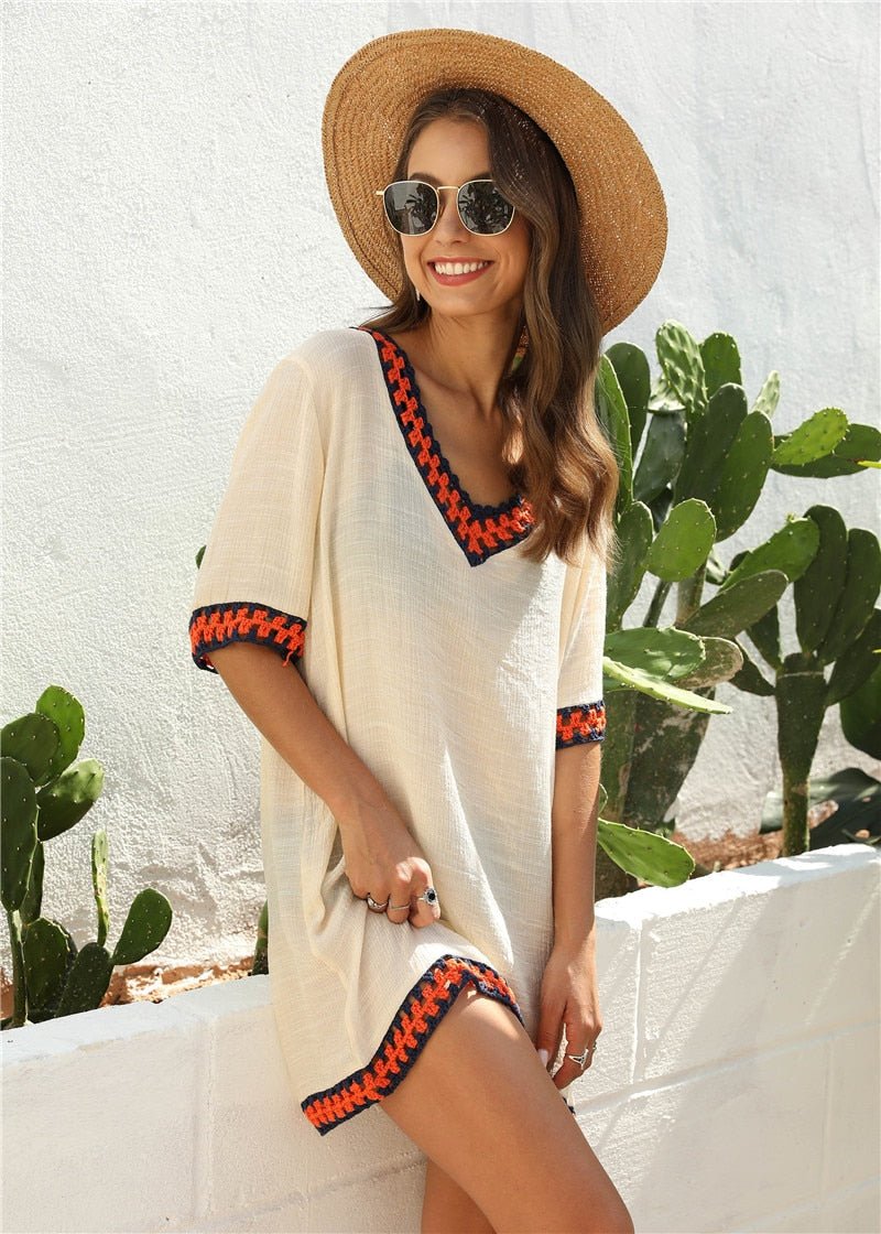 Breathable Crochet Trim Off-Shoulder Beach Cover-Up